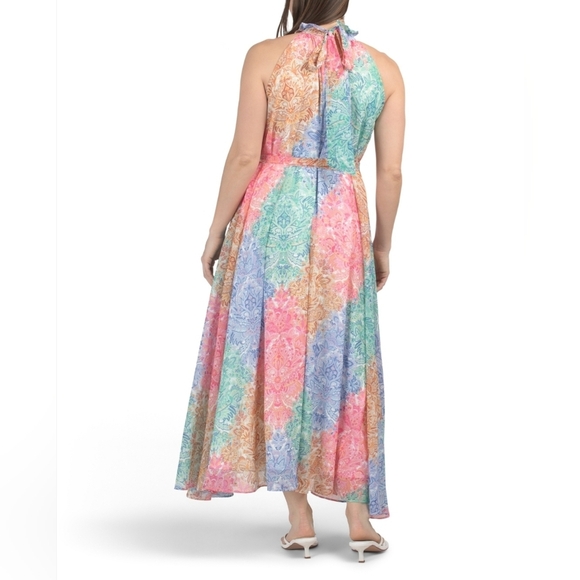🔹️Dalia Macphee🔹️Sleeveless Multicolor Halter Elegant Pastel Maxi Dress - Picture 3 of 4